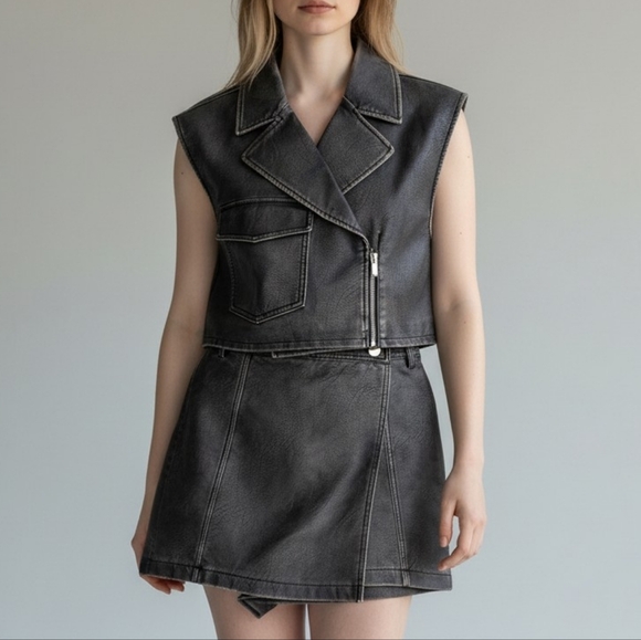 Zara Jackets & Blazers - Zara Black Faux Leather Cropped Vest & Skort Set